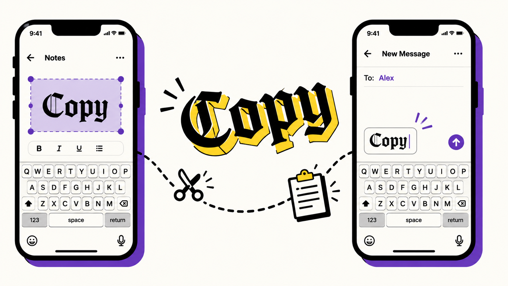 Two phone screens showing the copy-paste flow for fancy text, connected by scissors and a clipboard icon