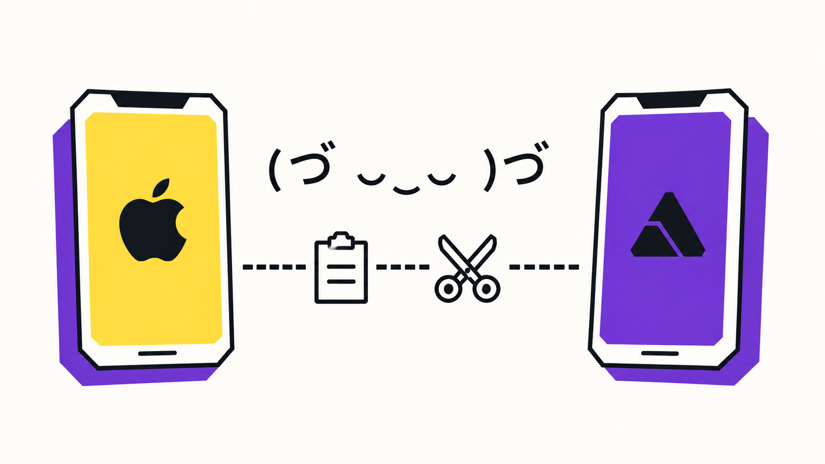 Two phone screens, one with an Apple logo and one with an Android-style logo, connected by a kaomoji and a clipboard-and-scissors copy-paste icon