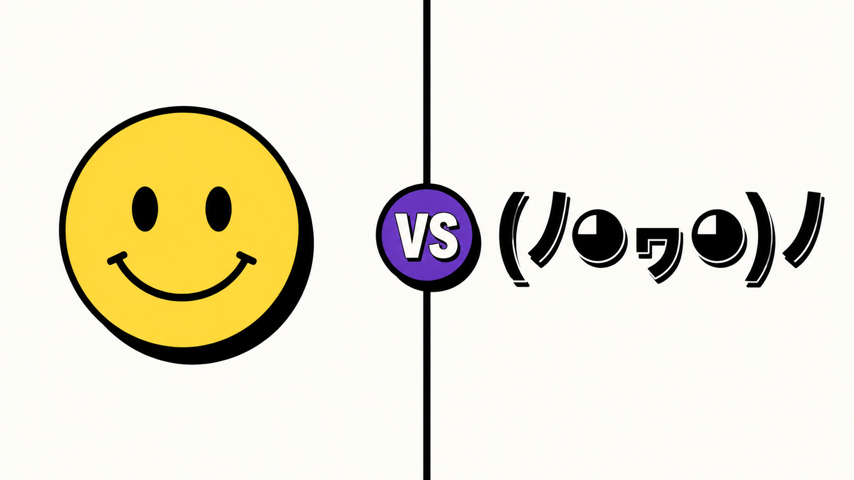 A yellow smiley emoji face next to a kaomoji face built from text characters, separated by a VS badge