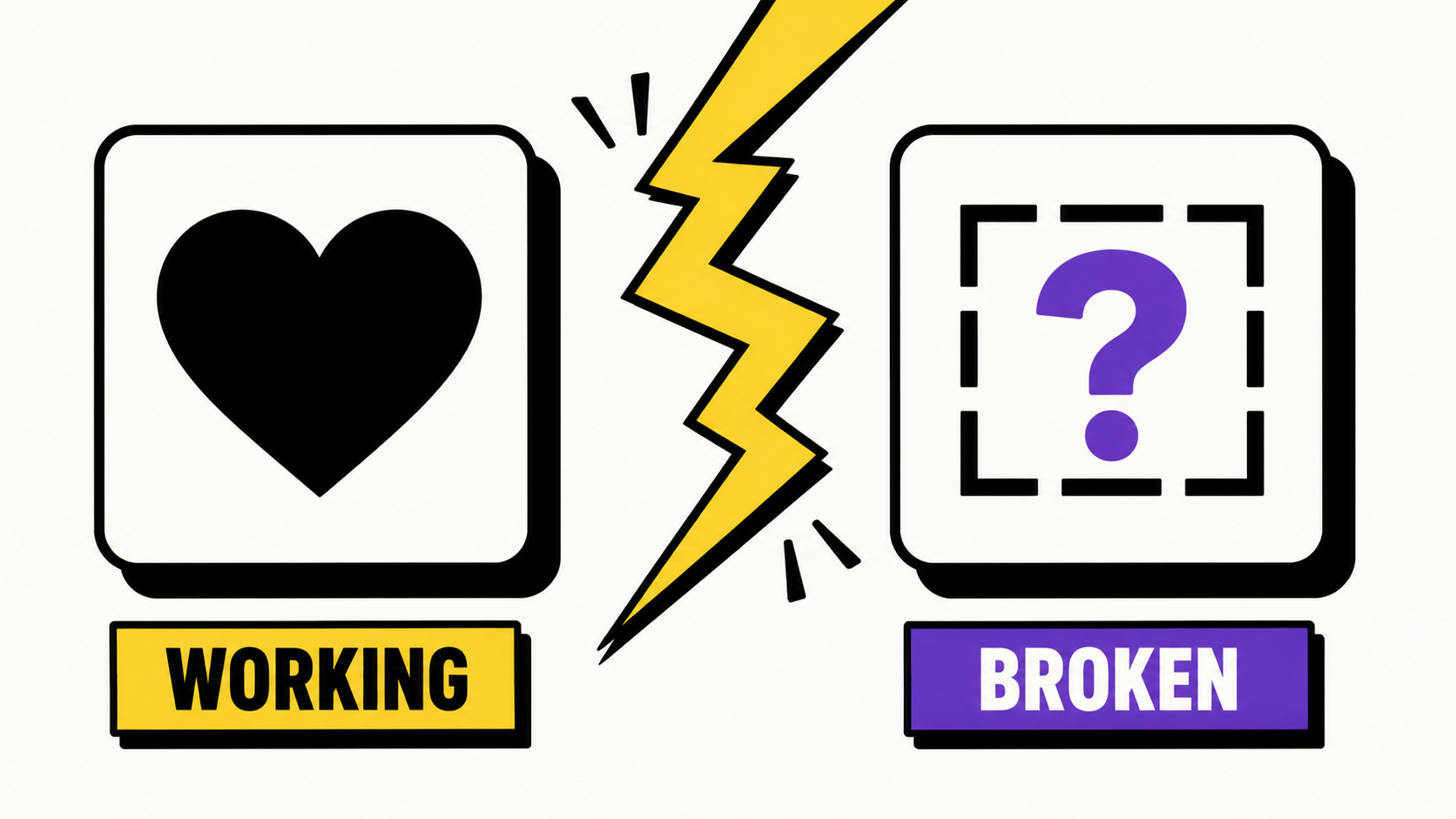A working heart symbol next to a broken question-mark placeholder, split by a lightning bolt labeled working vs broken
